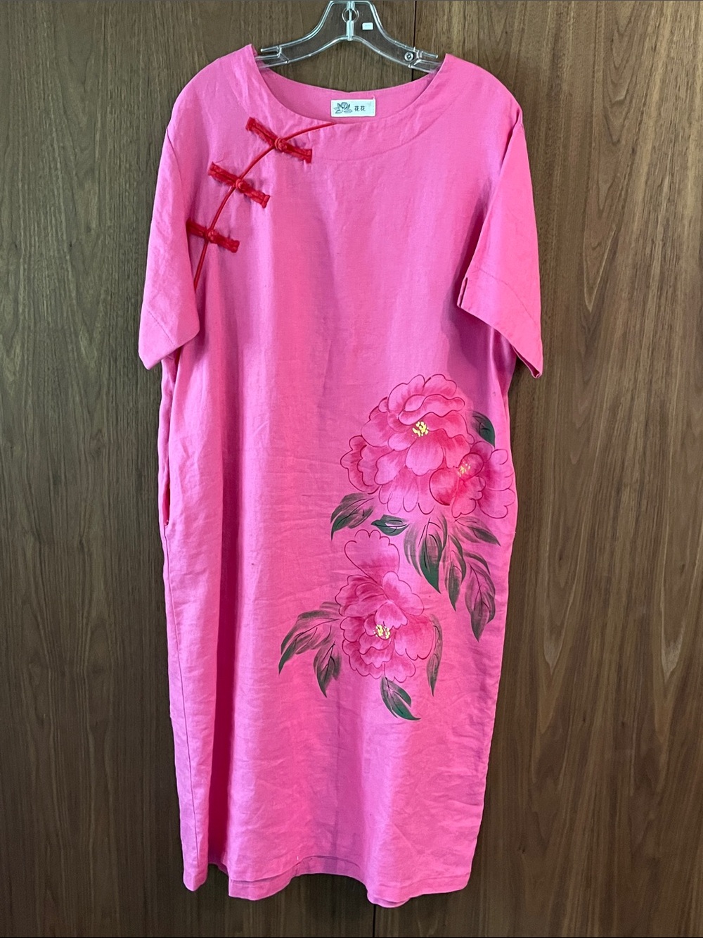 Vintage Pink Floral Dress with Red Frog closure Accents